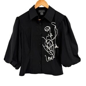 Gracia‎ Womens Medium Blouse Black Puff Sleeve Face Line Art Embroidery Artistic
